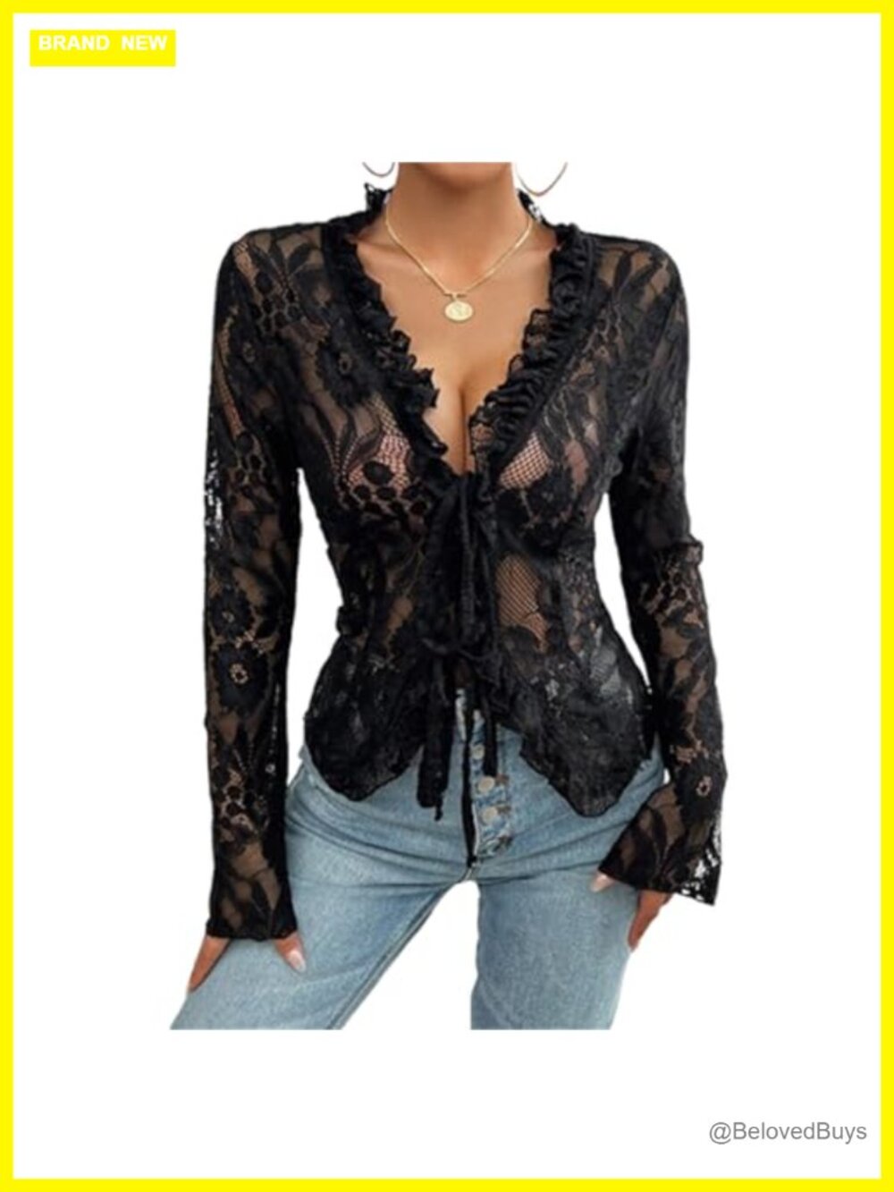 Women's Lace Mesh Crop Top Open Front Tie Long Sleeve Blouse